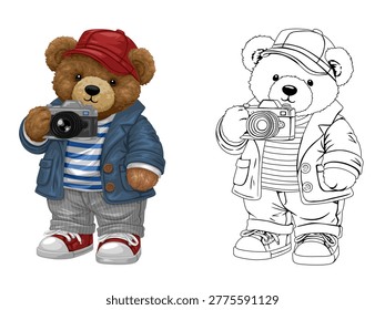 Cute photographer teddy bear with camera color and line art