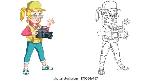 Cute-Fotograf, Frau, die Fotos macht. Farbige Seite und bunter Clip-Art-Charakter. Cartoon-Design für T-Shirt-Druck, Symbol, Logo, Etikett, Patch oder Aufkleber. Vektorillustration.