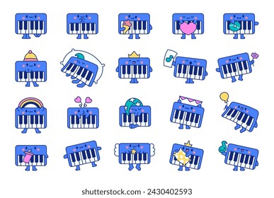 Cute piano character. Cartoon musical instrument with different emotions. Hand drawn style. Vector drawing. Collection of design elements.
