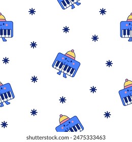 Cute piano character. Seamless pattern. Cartoon musical instrument with different emotions. Hand drawn style. Vector drawing. Design ornaments.