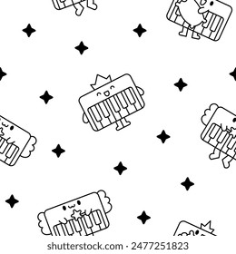 Cute piano character. Seamless pattern. Coloring Page. Cartoon musical instrument with different emotions. Hand drawn style. Vector drawing. Design ornaments.
