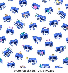 Cute piano character. Seamless pattern. Cartoon musical instrument with different emotions. Hand drawn style. Vector drawing. Design ornaments.