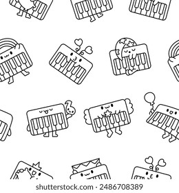 Cute piano character. Seamless pattern. Coloring Page. Cartoon musical instrument with different emotions. Hand drawn style. Vector drawing. Design ornaments.