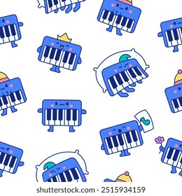 Cute piano character. Seamless pattern. Cartoon musical instrument with different emotions. Hand drawn style. Vector drawing. Design ornaments.