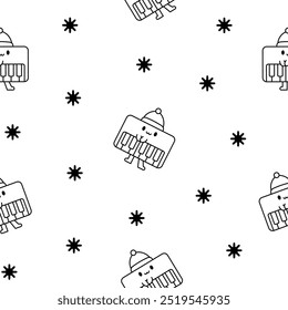Cute piano character. Seamless pattern. Coloring Page. Cartoon musical instrument with different emotions. Hand drawn style. Vector drawing. Design ornaments.