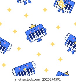 Cute piano character. Seamless pattern. Cartoon musical instrument with different emotions. Hand drawn style. Vector drawing. Design ornaments.