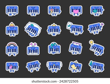 Cute piano character. Sticker Bookmark. Cartoon musical instrument with different emotions. Hand drawn style. Vector drawing. Collection of design elements.