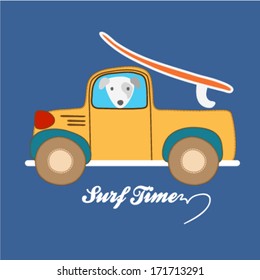 A cute pick up with a surf board. Vector illustration