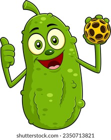 Cute Pickle Cartoon Character Giving A Thumb Up And Holding A Pickleball Ball. Vector Hand Drawn Illustration Isolated On Transparent Background