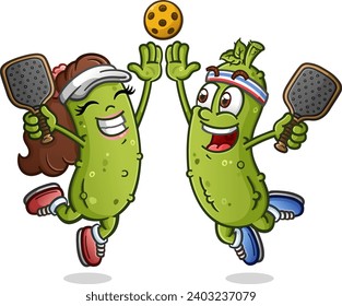 A cute pickle cartoon couple out on a date night to the pickleball courts leaping in the air and giving a big enthusiastic high five to celebrate a team victory on the court