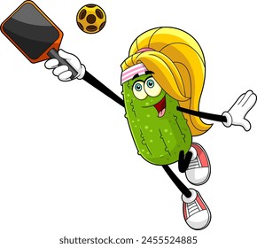 Cute Pickle Girl Cartoon Character Playing Pickleball. Vector Hand Drawn Illustration Isolated On Transparent Background