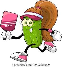 Cute Pickle Girl Cartoon Character Playing Pickleball Sport. Vector Hand Drawn Illustration Isolated On Transparent Background