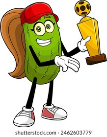 Cute Pickle Girl Cartoon Character Holding A Pickleball Gold Cup Trophy. Vector Hand Drawn Illustration Isolated On Transparent Background