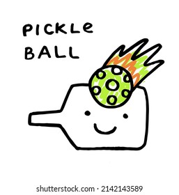 Cute pickleball doodle. Pickleball paddle with happy face smashed ball wit fire. Simple sticker.