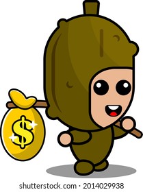 cute pickled vegetable costume mascot character cartoon vector carrying coin pouch