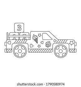 Cute pickup truck with baby cubes. Vector coloring book for children. Coloring book on the theme of children's toys, children's room. Isolated car illustration. A car with a bright print.