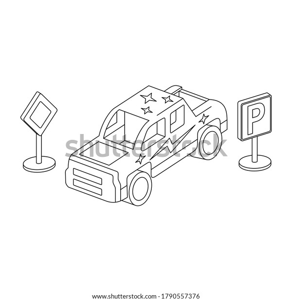 Cute\
pickup truck with stars and lightning. Vector coloring book for\
children. Coloring book on the theme of children\'s toys, children\'s\
room. Illustration of isolated car and road\
signs.