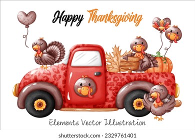 Cute Pickup Truck Turkey wooden Sign Pumpkin, Balloons Heart Face Turkey and Leaves Maple Thanksgiving Fall Autumn Elements Watercolor Vector File , Clipart cartoon style For banner, poster, card