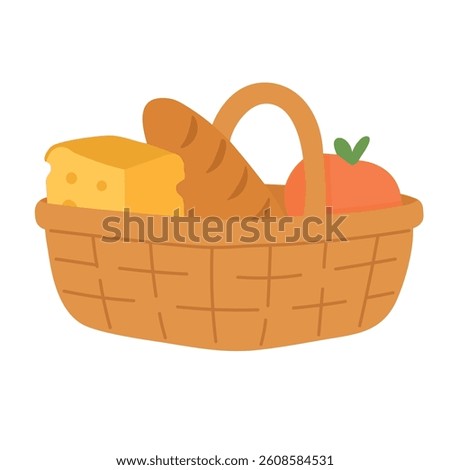 Cute picnic basket with cheese, bread and fruit in flat cartoon style. Summer food clipart.