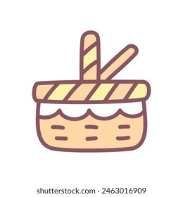 Cute picnic basket icon. Hand drawn illustration of a retro wicker basket isolated on a white background. Kawaii sticker. Vector 10 EPS.