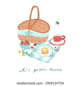 Cute picnic basket, tea cup and various desserts on a checkered towel. Vector illustration of summer picnic concept. Outdoor lunch with a tart, fresh strawberries and cherries. Elements are isolated.