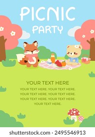 Cute Picnic Party Invitation with Animals. Adorable Fox and Bear Picnic Illustration. Kawaii Picnic Party Poster Template.