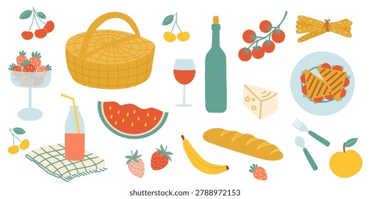 Cute picnic vector set with wicker basket, fruits, wine, cheese, bread, sandwich, snack sticks and tableware. Flat colorful illustration for summer outings, food themes and lifestyle designs.