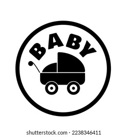 Pictograma corto: botón con adorable pram clásico y letras para bebés