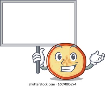 A cute picture of apple chips cute cartoon character bring a board