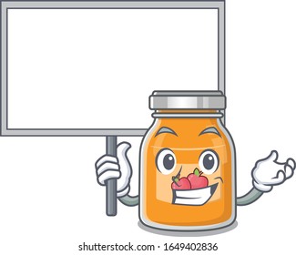 A cute picture of apple jam mascot design with a board