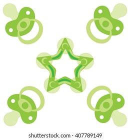 Cute picture of a baby pacifiers and teething ring on a white background 