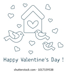 Cute picture with birds, birdhouse and hearts. Template for design, fabric, print. Greeting card Valentine's Day.