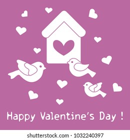 Cute picture with birds, birdhouse and hearts. Template for design, fabric, print. Greeting card Valentine's Day.