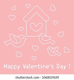 Cute picture with birds, birdhouse and hearts. Template for design, fabric, print. Greeting card Valentine's Day.