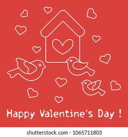 Cute picture with birds, birdhouse and hearts. Template for design, fabric, print. Greeting card Valentine's Day.