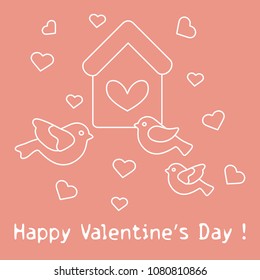 Cute picture with birds, birdhouse and hearts. Template for design, fabric, print. Greeting card Valentine's Day.