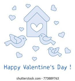 Cute picture with birds, birdhouse and hearts. Template for design, fabric, print. Greeting card Valentine's Day.