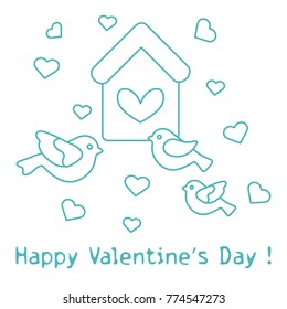 Cute picture with birds, birdhouse and hearts. Template for design, fabric, print. Greeting card Valentine's Day.