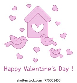 Cute picture with birds, birdhouse and hearts. Template for design, fabric, print. Greeting card Valentine's Day.