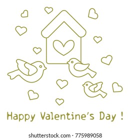 Cute picture with birds, birdhouse and hearts. Template for design, fabric, print. Greeting card Valentine's Day.