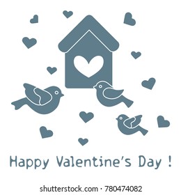 Cute picture with birds, birdhouse and hearts. Template for design, fabric, print. Greeting card Valentine's Day.