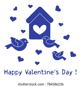 Cute picture with birds, birdhouse and hearts. Template for design, fabric, print. Greeting card Valentine's Day.