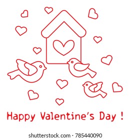 Cute picture with birds, birdhouse and hearts. Template for design, fabric, print. Greeting card Valentine's Day.