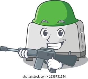 A cute picture of bread toaster Army with machine gun