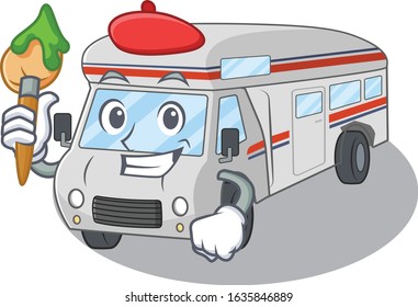 A cute picture of campervan as an Artist having a brush