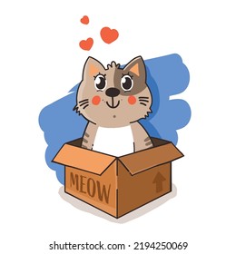 Cute picture of cat in a box with harts on white background