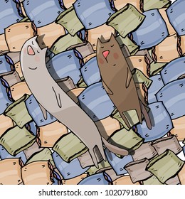 Cute picture with cute cats on pillows. Notebooks, cards, labels, diary, accessories-school. Seamless pattern. Cute vector cat. Pet. Animals.