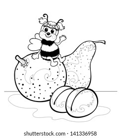 Cute picture for children. Little bee-girl sitting on an orange. She waves her hand. Next to them are pear and plum. coloring book