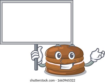 A cute picture of chocolate macaron mascot design with a board