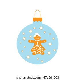 Cute picture with Christmas ball with stars and cute gingerbread men on white background.